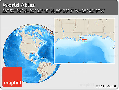 Shaded Relief Location Map of the Area around 29° 16' 6" N, 89° 10' 30" W