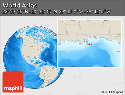 Shaded Relief Location Map of the Area around 29° 16' 6" N, 89° 10' 30" W