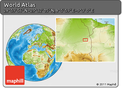 Physical Location Map of the Area around 29° 16' 6" N, 8° 34' 29" E