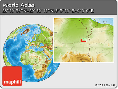 Physical Location Map of the Area around 29° 16' 6" N, 8° 34' 29" E