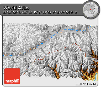 Physical 3D Map of the Area around 29° 16' 6" N, 94° 25' 30" E