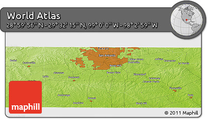 Physical Panoramic Map of the Area around 29° 16' 6" N, 98° 31' 30" W