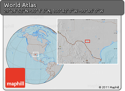 Gray Location Map of the Area around 29° 44' 59" N, 100° 13' 29" W, hill shading