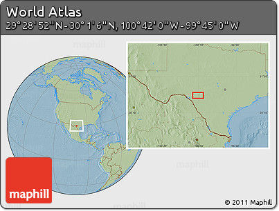 Savanna Style Location Map of the Area around 29° 44' 59" N, 100° 13' 29" W, hill shading