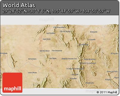 Satellite 3D Map of the Area around 29° 44' 59" N, 105° 19' 29" W