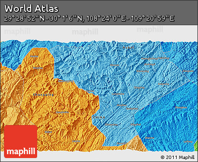 Political 3D Map of the Area around 29° 44' 59" N, 108° 52' 30" E