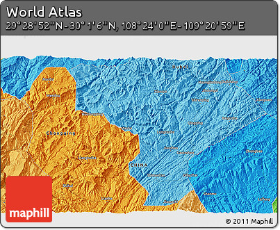 Political 3D Map of the Area around 29° 44' 59" N, 108° 52' 30" E