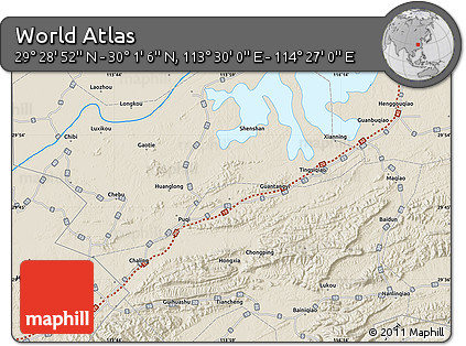 Shaded Relief Map of the Area around 29° 44' 59" N, 113° 58' 29" E