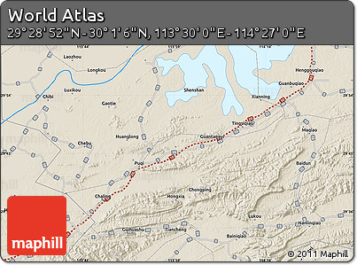 Shaded Relief Map of the Area around 29° 44' 59" N, 113° 58' 29" E