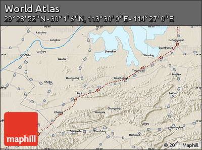 Shaded Relief Map of the Area around 29° 44' 59" N, 113° 58' 29" E