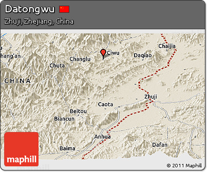 Shaded Relief Panoramic Map of Datongwu