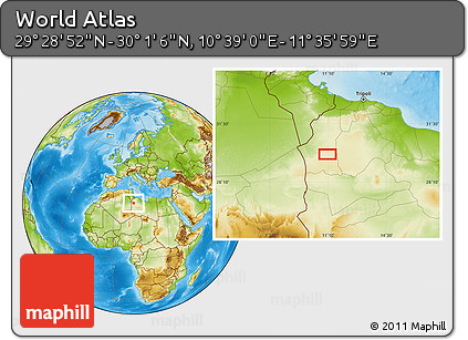 Physical Location Map of the Area around 29° 44' 59" N, 11° 7' 30" E