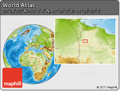 Physical Location Map of the Area around 29° 44' 59" N, 11° 7' 30" E