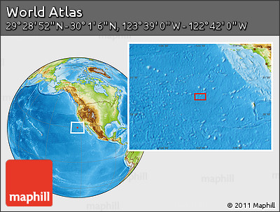 Physical Location Map of the Area around 29° 44' 59" N, 123° 10' 30" W