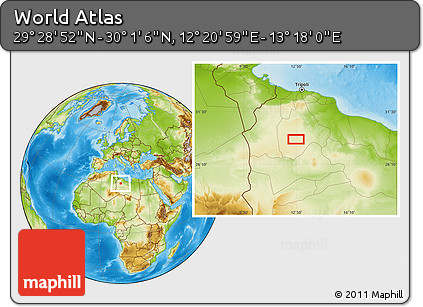 Physical Location Map of the Area around 29° 44' 59" N, 12° 49' 29" E