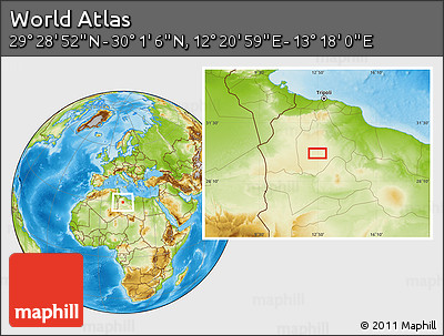 Physical Location Map of the Area around 29° 44' 59" N, 12° 49' 29" E