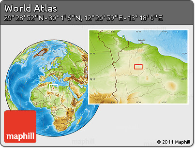 Physical Location Map of the Area around 29° 44' 59" N, 12° 49' 29" E