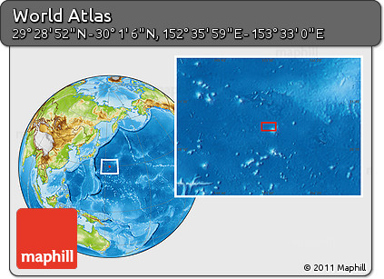 Physical Location Map of the Area around 29° 44' 59" N, 153° 4' 29" E