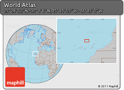 Gray Location Map of the Area around 29° 44' 59" N, 15° 13' 29" W