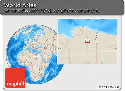 Shaded Relief Location Map of the Area around 29° 44' 59" N, 23° 1' 29" E