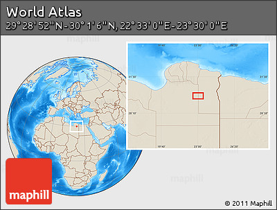 Shaded Relief Location Map of the Area around 29° 44' 59" N, 23° 1' 29" E