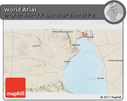 Shaded Relief 3D Map of the Area around 29° 44' 59" N, 32° 22' 30" E