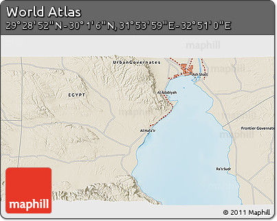 Shaded Relief 3D Map of the Area around 29° 44' 59" N, 32° 22' 30" E