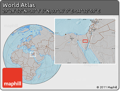 Gray Location Map of the Area around 29° 44' 59" N, 34° 4' 30" E, hill shading