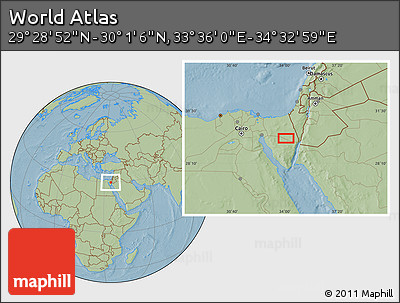 Savanna Style Location Map of the Area around 29° 44' 59" N, 34° 4' 30" E, hill shading
