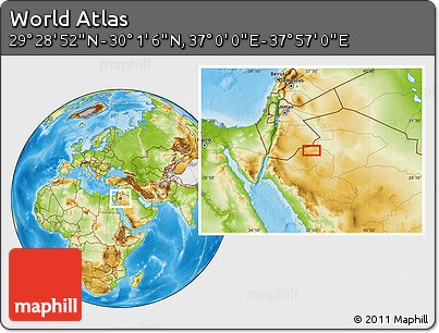 Physical Location Map of the Area around 29° 44' 59" N, 37° 28' 30" E