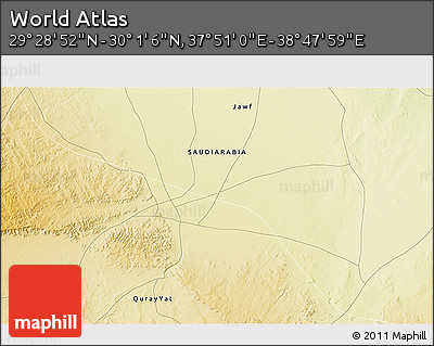 Physical 3D Map of the Area around 29° 44' 59" N, 38° 19' 30" E