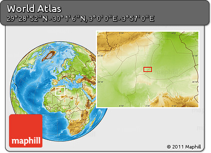 Physical Location Map of the Area around 29° 44' 59" N, 3° 28' 30" E