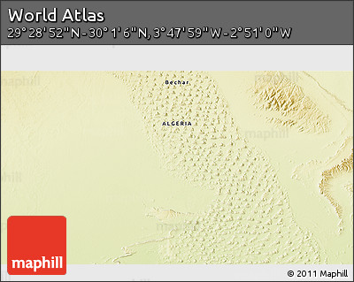 Physical 3D Map of the Area around 29° 44' 59" N, 3° 19' 30" W