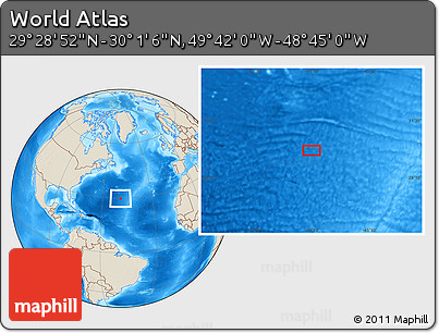 Shaded Relief Location Map of the Area around 29° 44' 59" N, 49° 13' 30" W