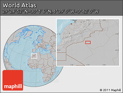 Gray Location Map of the Area around 29° 44' 59" N, 4° 10' 30" W, hill shading