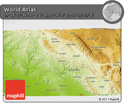 Physical 3D Map of the Area around 29° 44' 59" N, 51° 4' 30" E