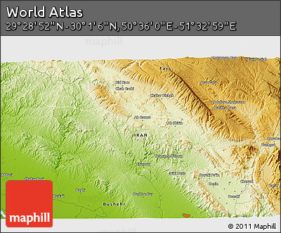Physical 3D Map of the Area around 29° 44' 59" N, 51° 4' 30" E