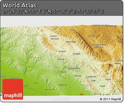 Physical 3D Map of the Area around 29° 44' 59" N, 51° 4' 30" E