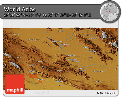 Physical 3D Map of the Area around 29° 44' 59" N, 52° 46' 29" E