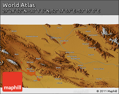 Physical 3D Map of the Area around 29° 44' 59" N, 52° 46' 29" E
