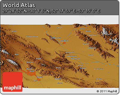 Physical 3D Map of the Area around 29° 44' 59" N, 52° 46' 29" E