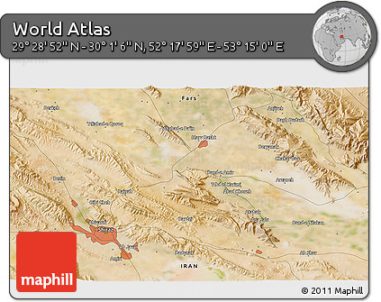 Satellite 3D Map of the Area around 29° 44' 59" N, 52° 46' 29" E