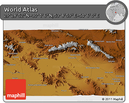 Physical 3D Map of the Area around 29° 44' 59" N, 53° 37' 30" E