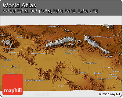 Physical 3D Map of the Area around 29° 44' 59" N, 53° 37' 30" E