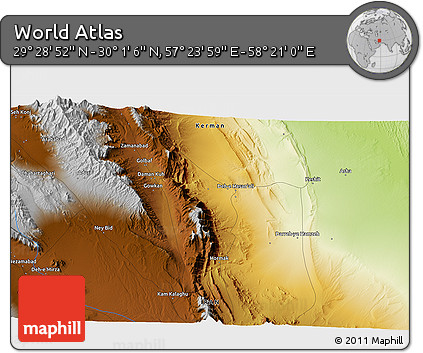 Physical 3D Map of the Area around 29° 44' 59" N, 57° 52' 30" E