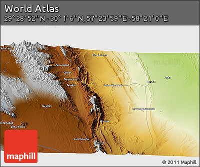 Physical 3D Map of the Area around 29° 44' 59" N, 57° 52' 30" E