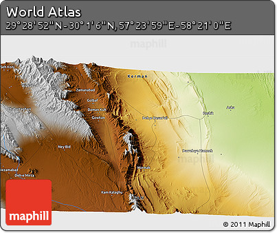 Physical 3D Map of the Area around 29° 44' 59" N, 57° 52' 30" E