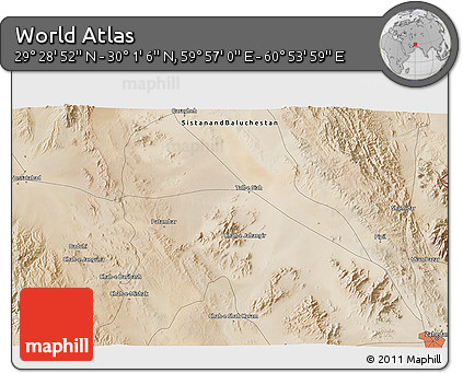 Satellite 3D Map of the Area around 29° 44' 59" N, 60° 25' 29" E
