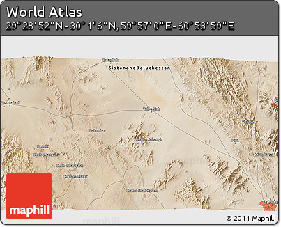 Satellite 3D Map of the Area around 29° 44' 59" N, 60° 25' 29" E