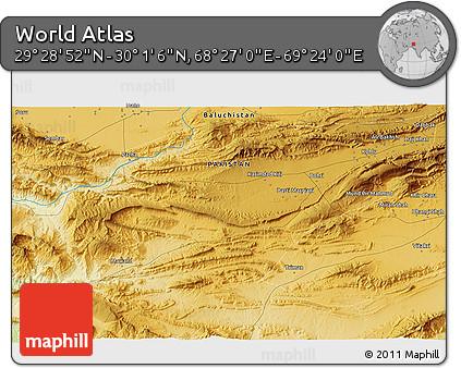 Physical 3D Map of the Area around 29° 44' 59" N, 68° 55' 30" E